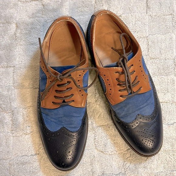 Azar Man Navy Blue & Cognac Leather Suede Lace-Up Oxfords Dress Shoes | Men’s 9 - Picture 6 of 8